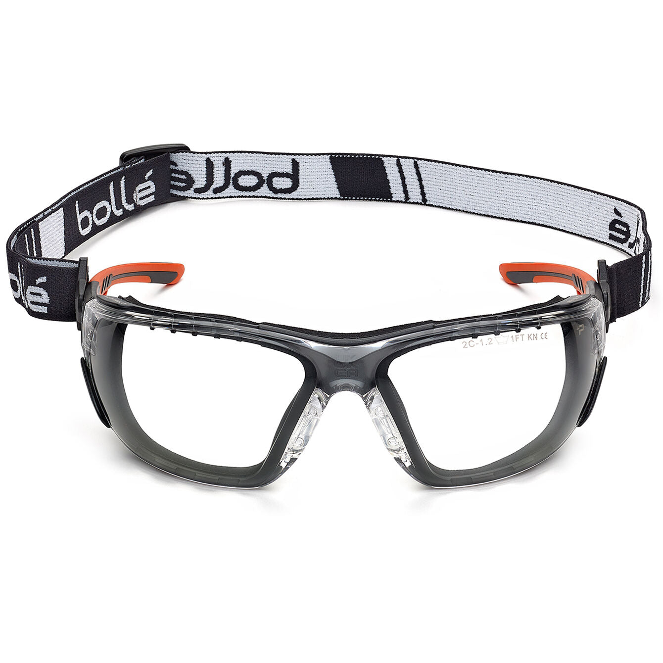 Bolle Safety NESS+ SEAL Orange / Black Temples Platinum AS/AF Clear Lens - Assembled With Gakset / Foam + Strap (PSSNESF028)