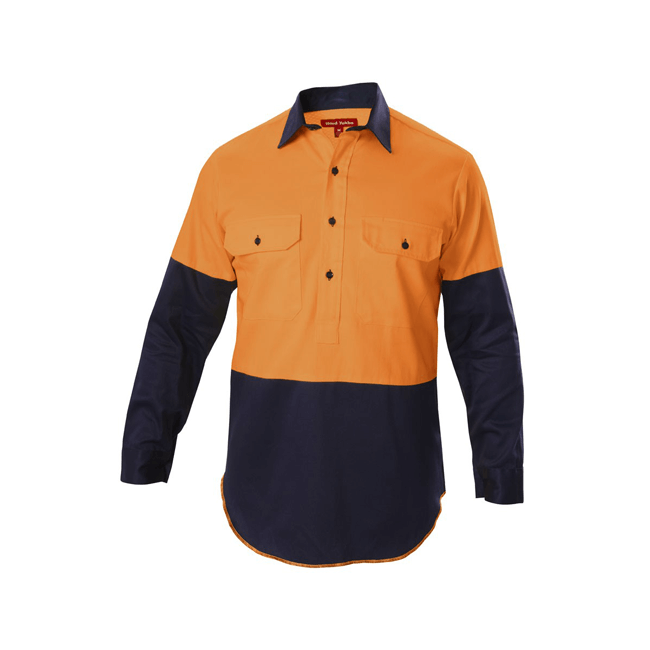 Hard Yakka Hi visibility Two Tone Cotton Drill Closed Front Shirt With Gusset Long Sleeve (Y07984)